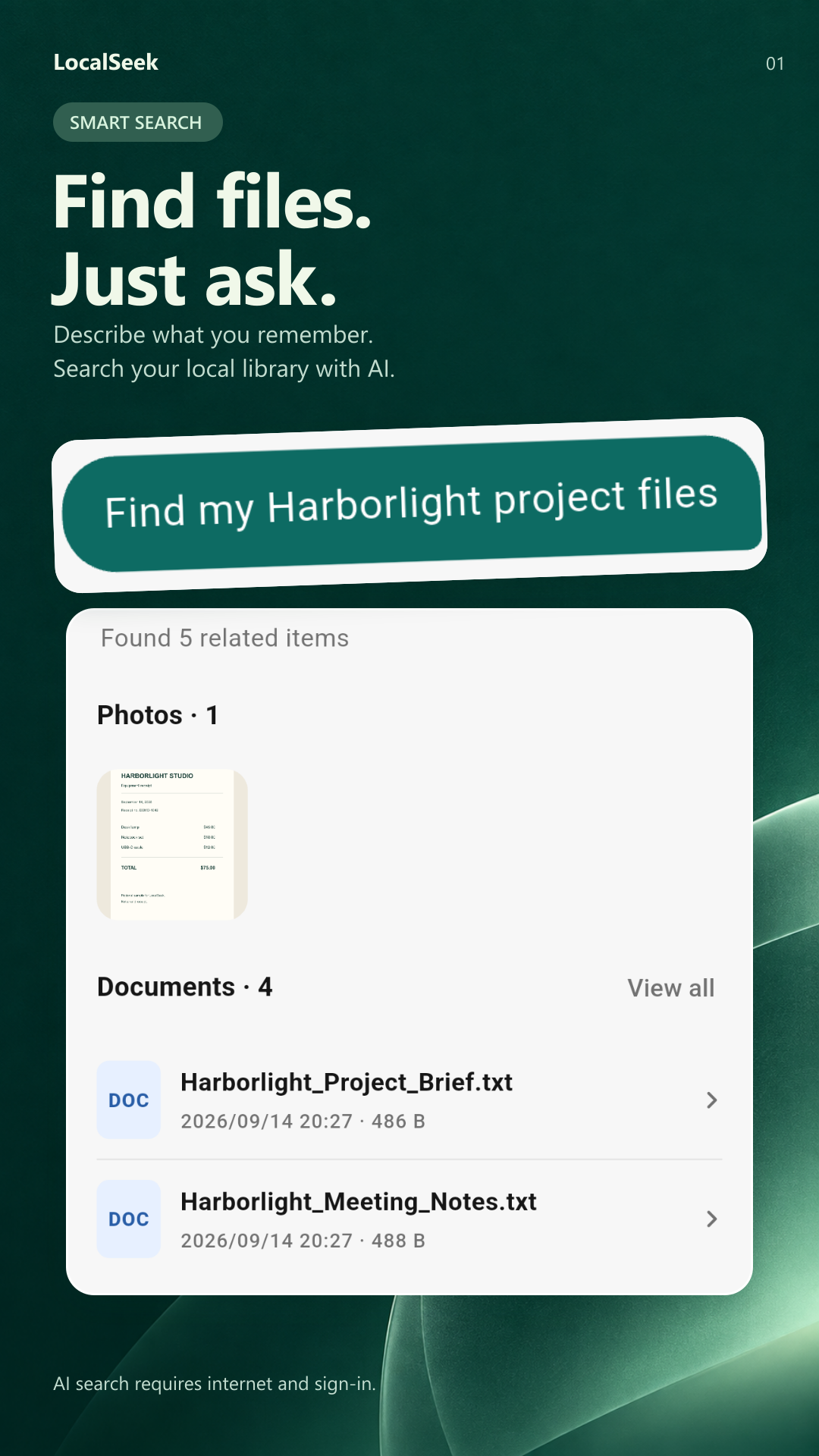 LocalSeek smart search using a natural-language request to find project files