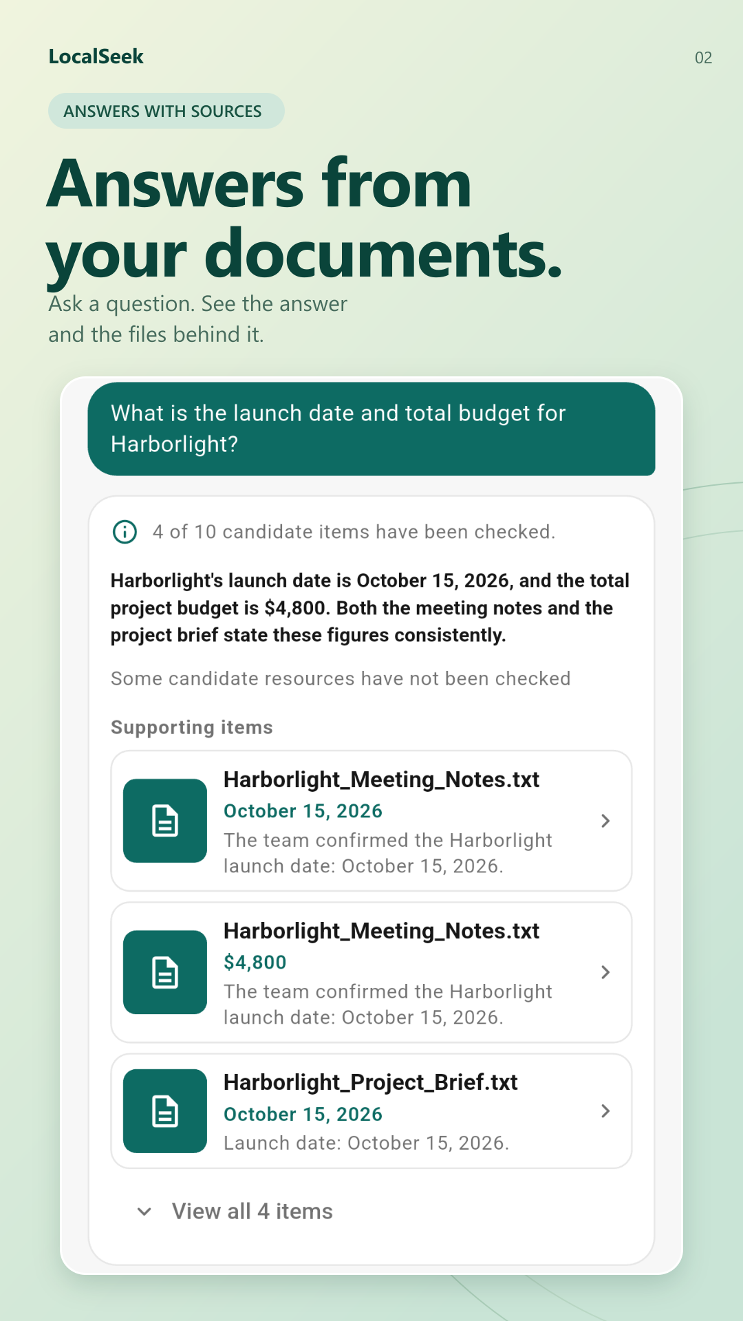 LocalSeek Google Play screenshot showing a question, its answer, and supporting local documents