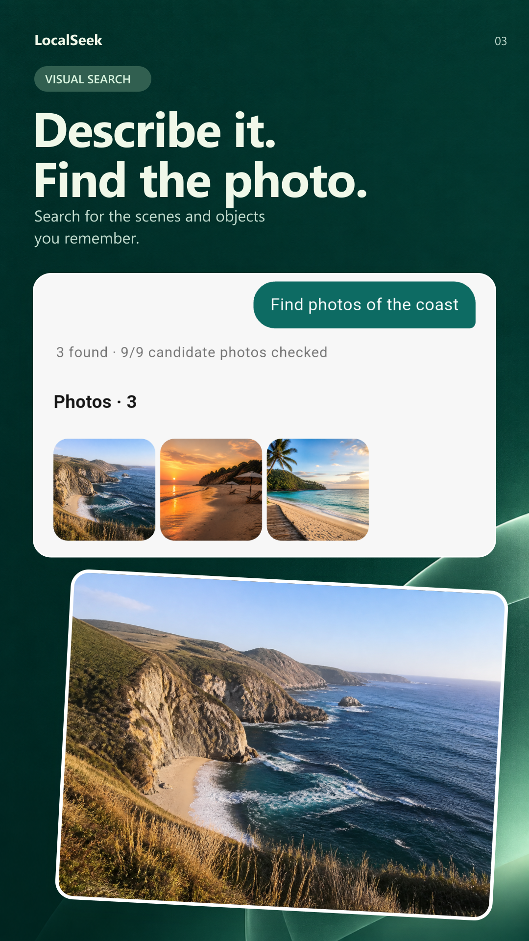 LocalSeek finding coastal photos from a natural-language description
